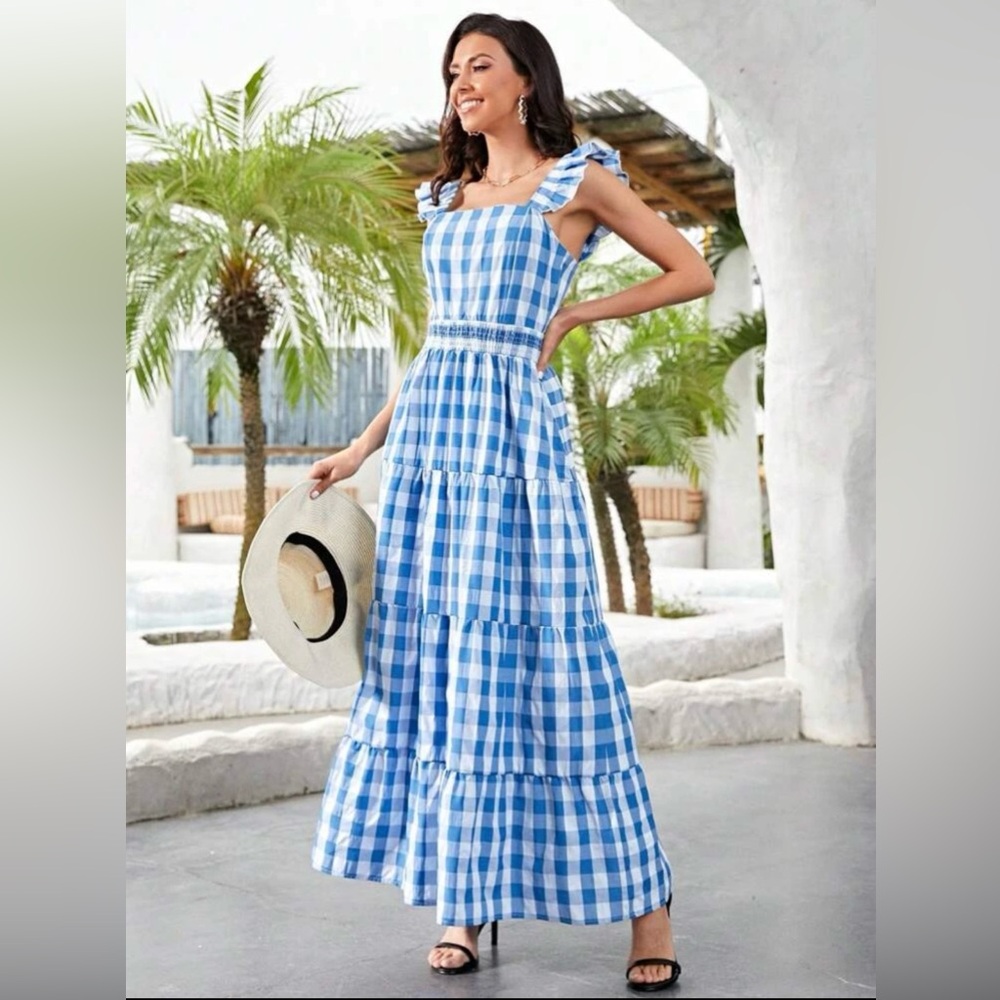 Blue Check, Frenchy, Gingham Ruffle Trim Dress
